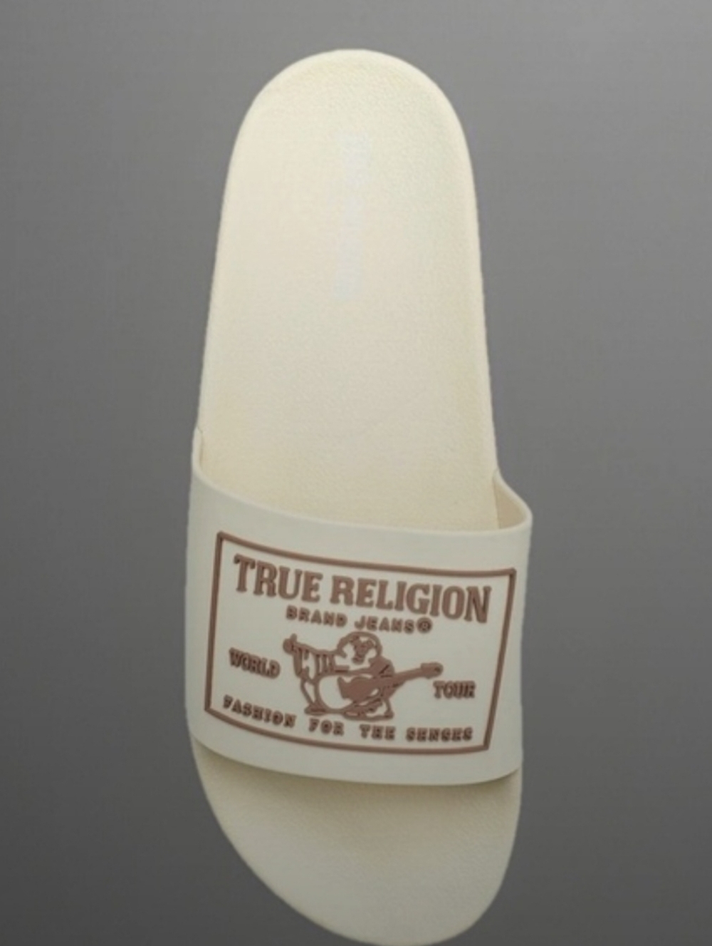 True Religion Cream Slides with Brown Logo Plaque